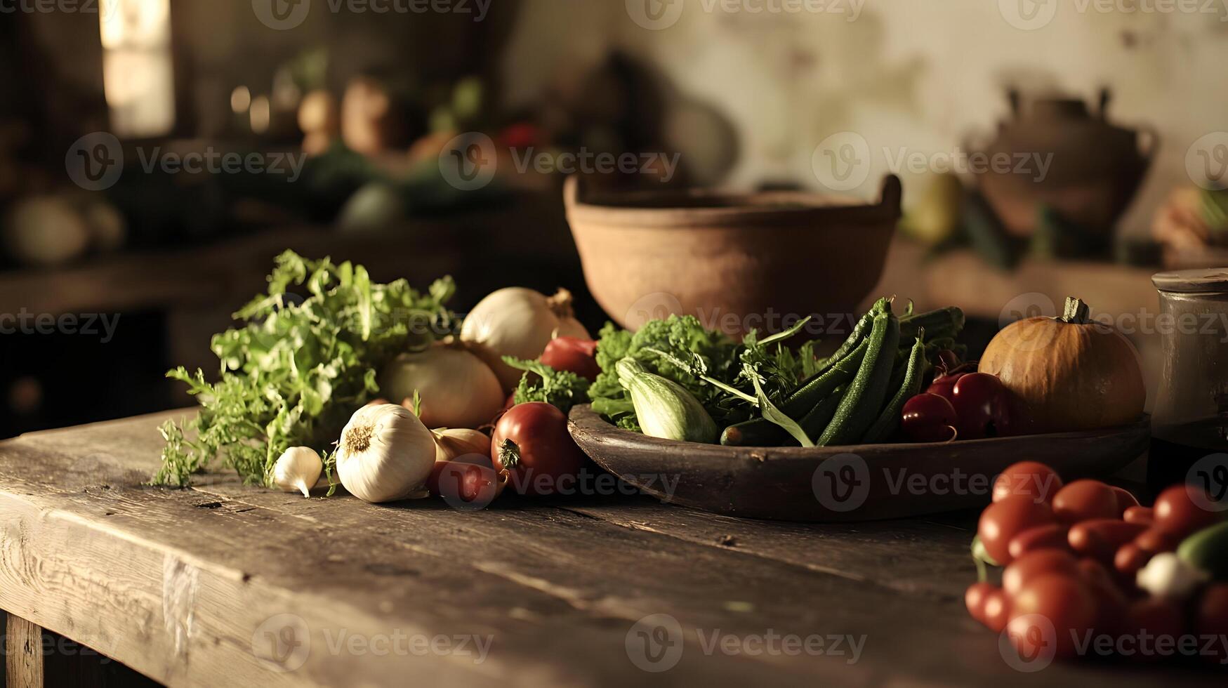 Rustic Harmony Fresh Harvest Vegetable Bounty on Weathered Wooden Tabletop photo
