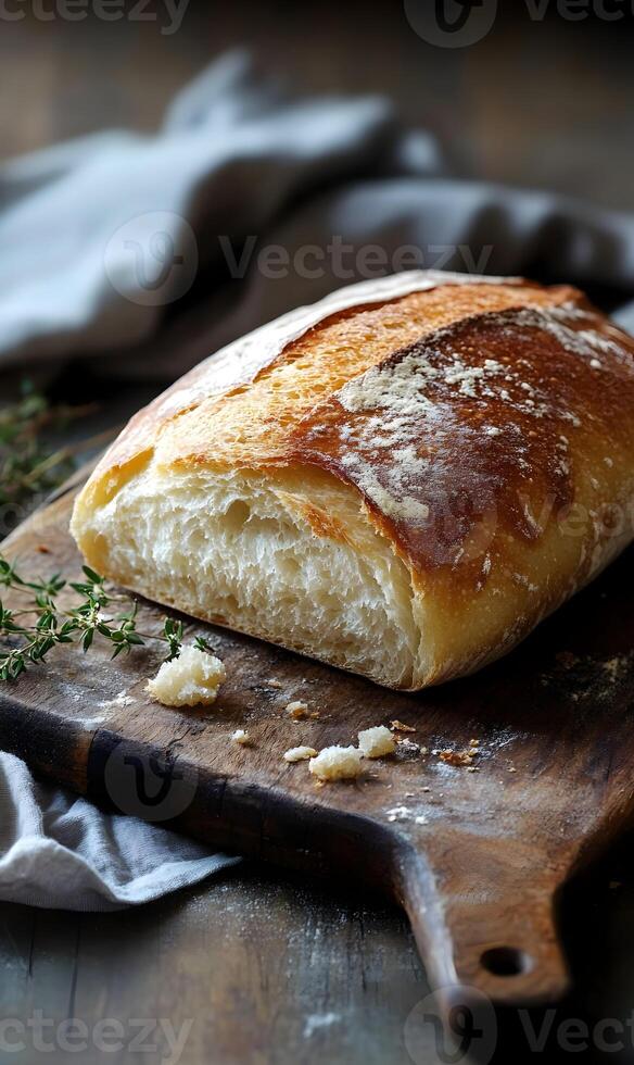 Artisanal bread loaf resting upon a vintage wooden board with a rustic fabric backdrop. photo