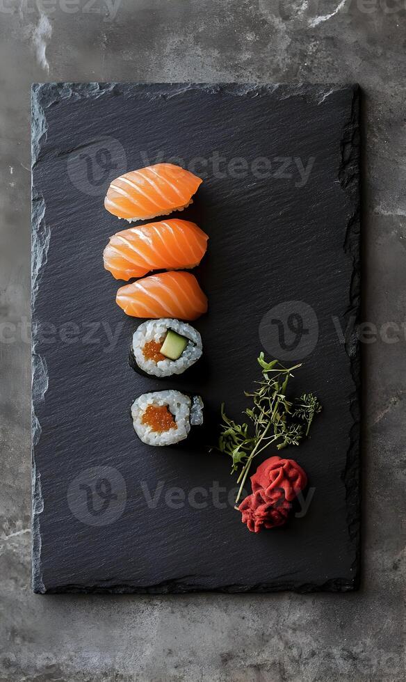Artistic arrangement of salmon nigiri, rolls with sprouts and ginger on stone surface photo