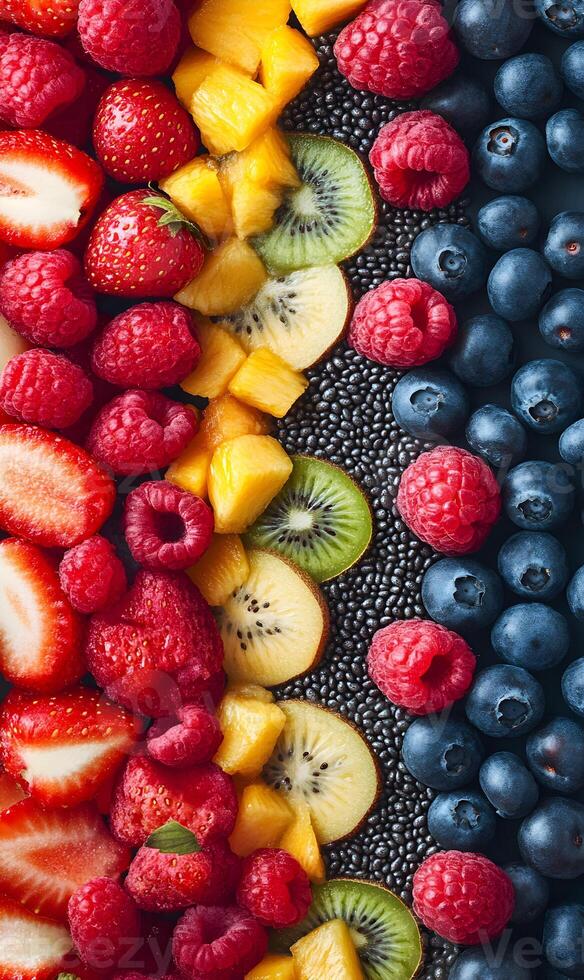 Assortment of fresh fruits composition, creating a vibrant and organic presentation for backgrounds photo
