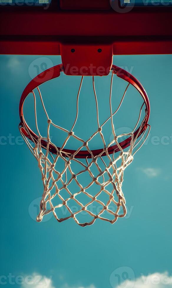 Captivating basketball hoop silhouette reaching up against tranquil blue sky backdrop. photo