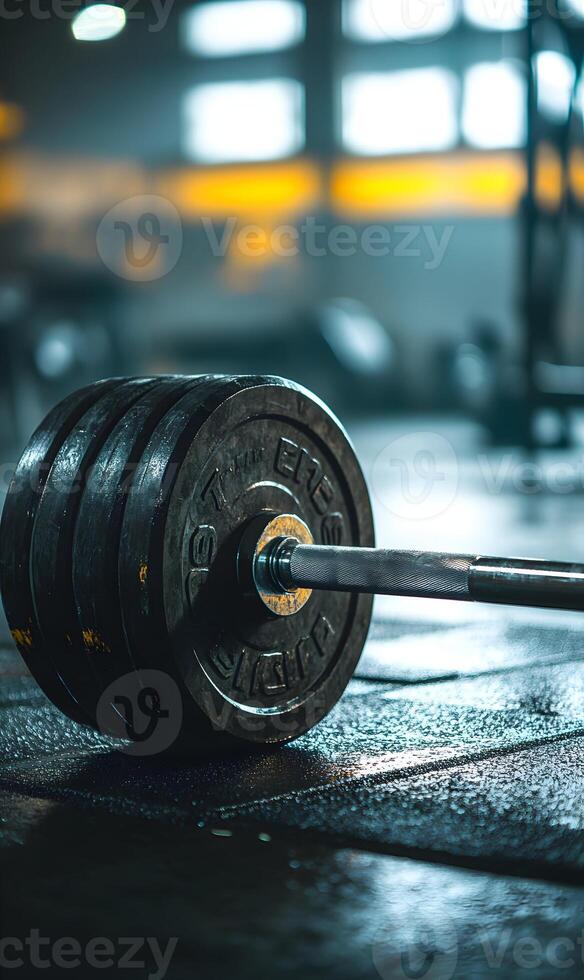 Barbell with plates resting on a dark, slightly wet gym floor, representing strength conditioning photo