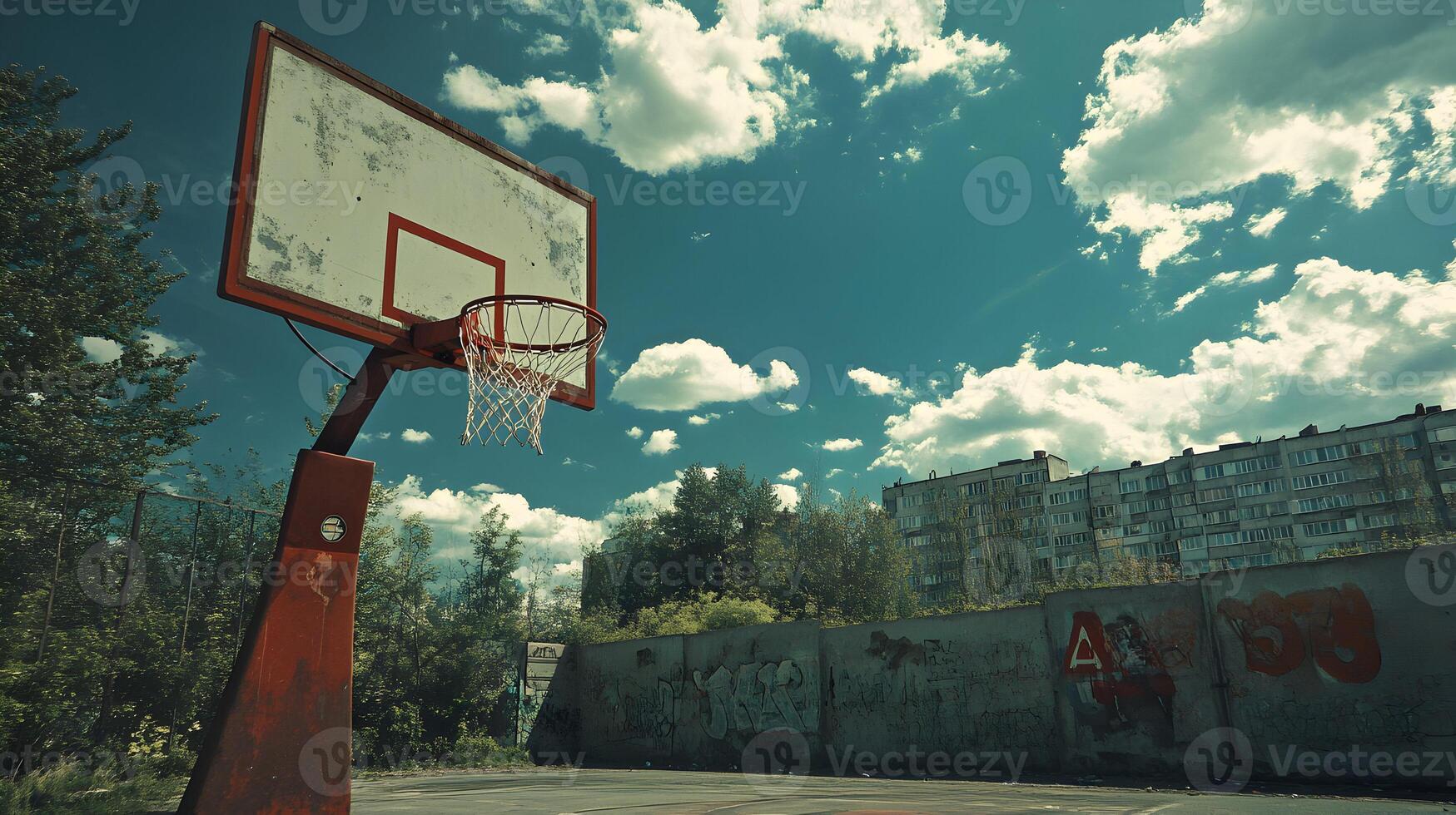 An Empty Urban Basketball Court under a Cloudy Sky, Representing Solitude and Cityscape photo