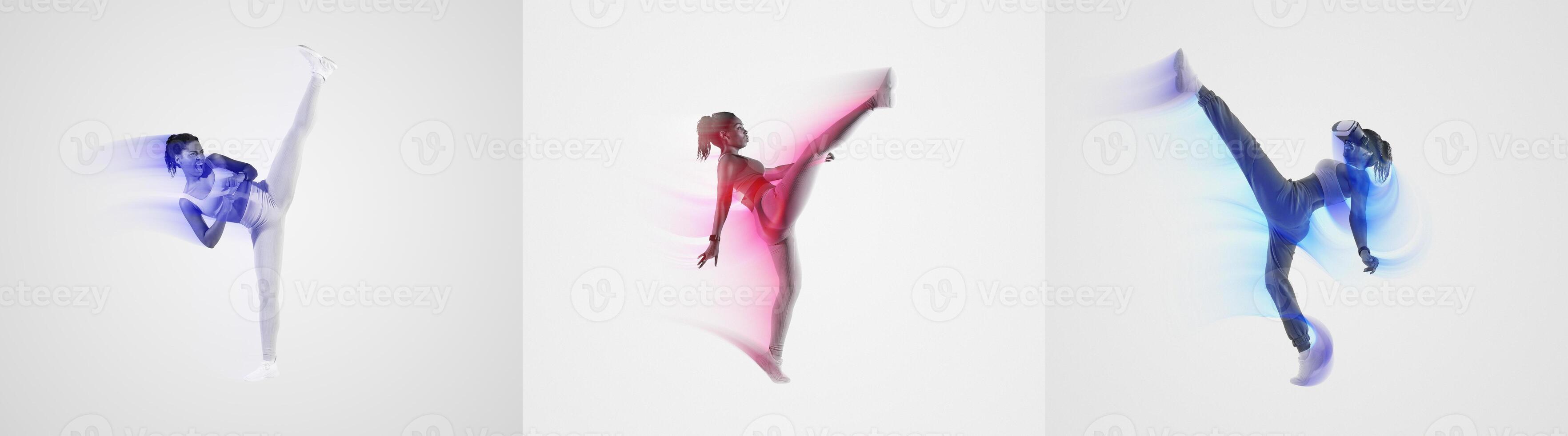 This collage features various athletes executing powerful movements in a vibrant and energetic manner. photo