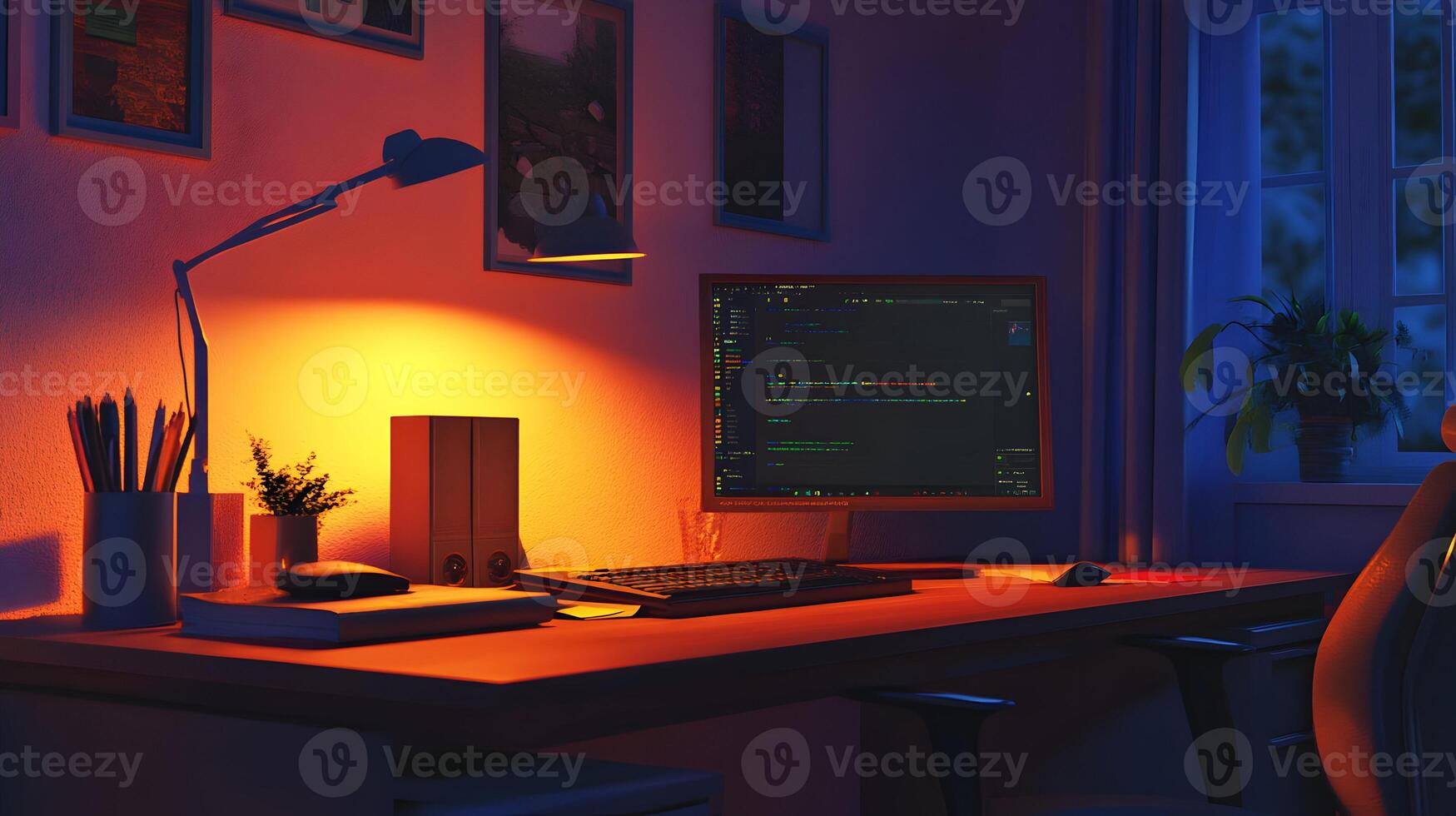 Illuminated coding station workspace under warm lamp, serene creative work zone ambience photo