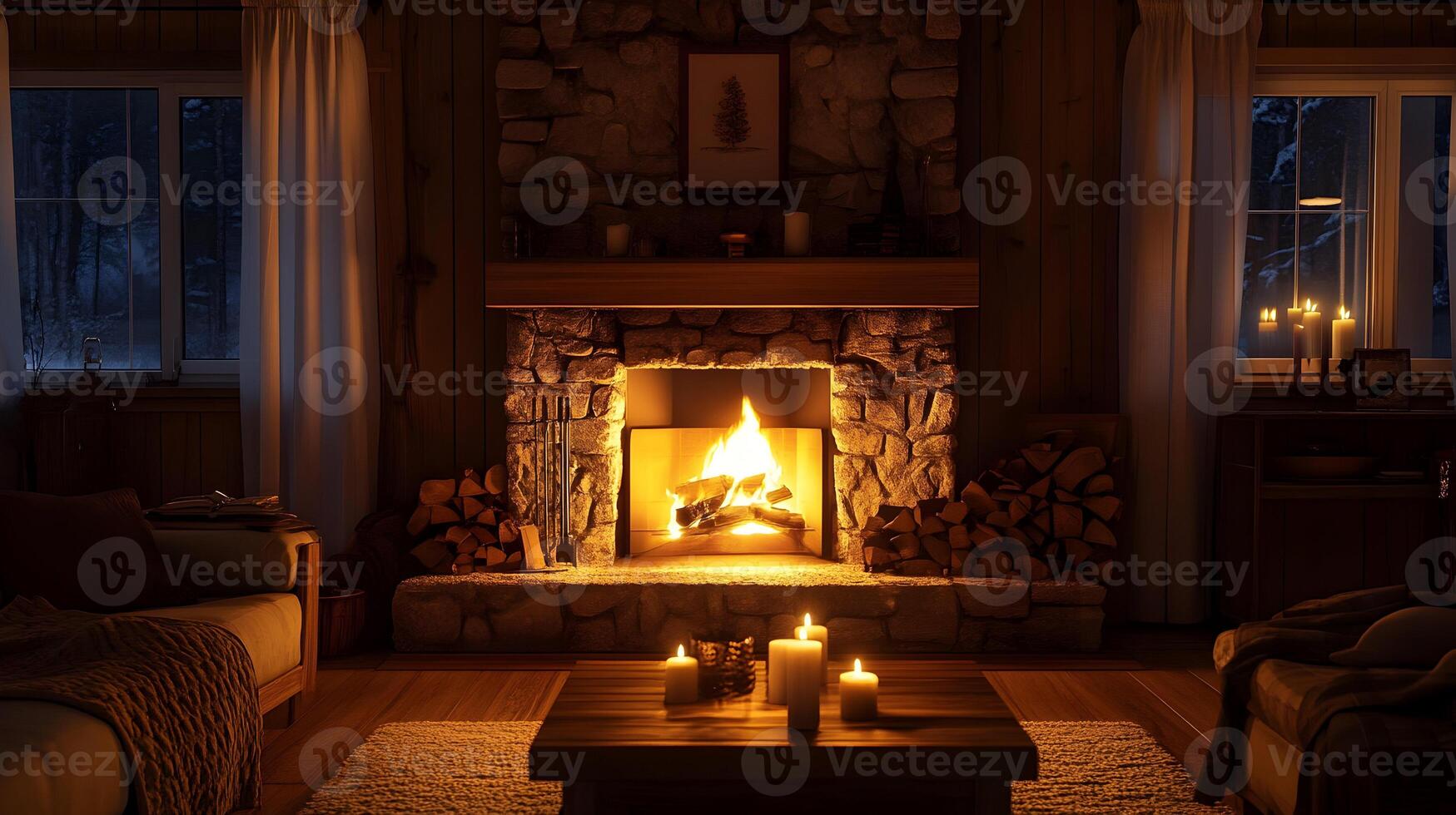 Comforting ambiance of a cozy fireplace radiating warmth, a serene rustic home experience photo
