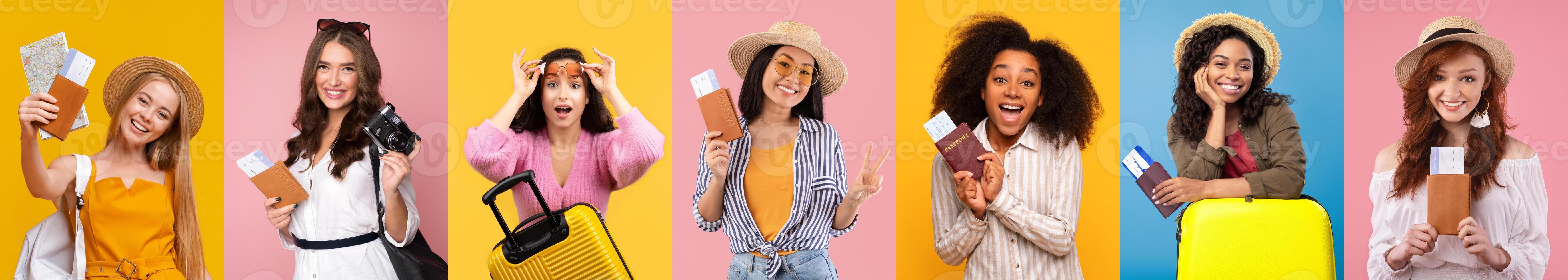 A cheerful collection of enthusiastic travelers holds travel documents and suitcases, expressing joy and excitement for their upcoming journeys. photo