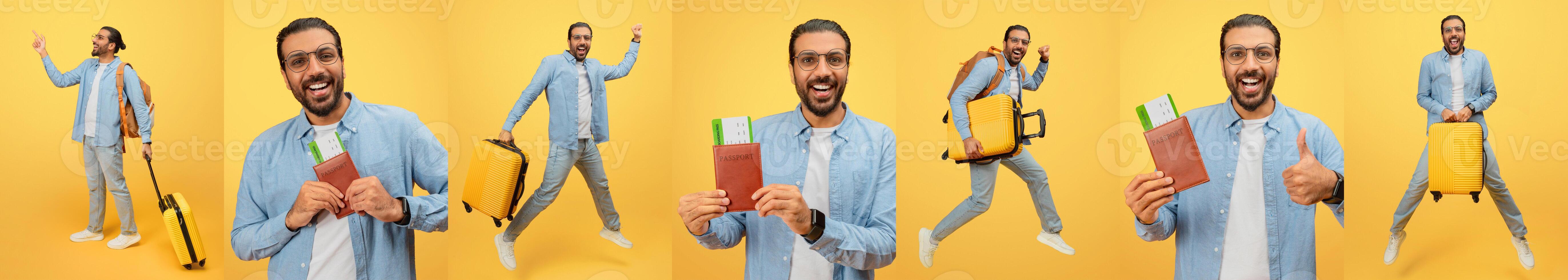 A joyful traveler showcases his excitement while holding a passport and boarding pass. Dressed in casual attire, he displays a suitcase and shares positive vibes about his upcoming journey. photo