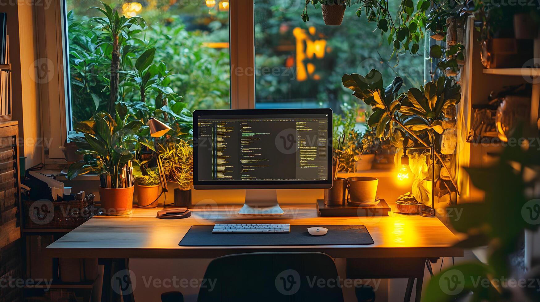 Cozy and productive workspace with greenery and a computer screen displaying code photo