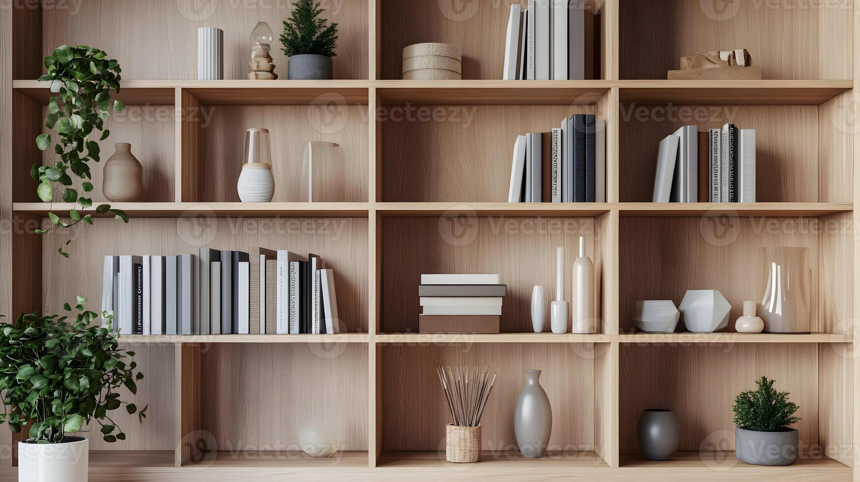 Light wood bookcase with plants, minimalist decor, and curated book collection photo