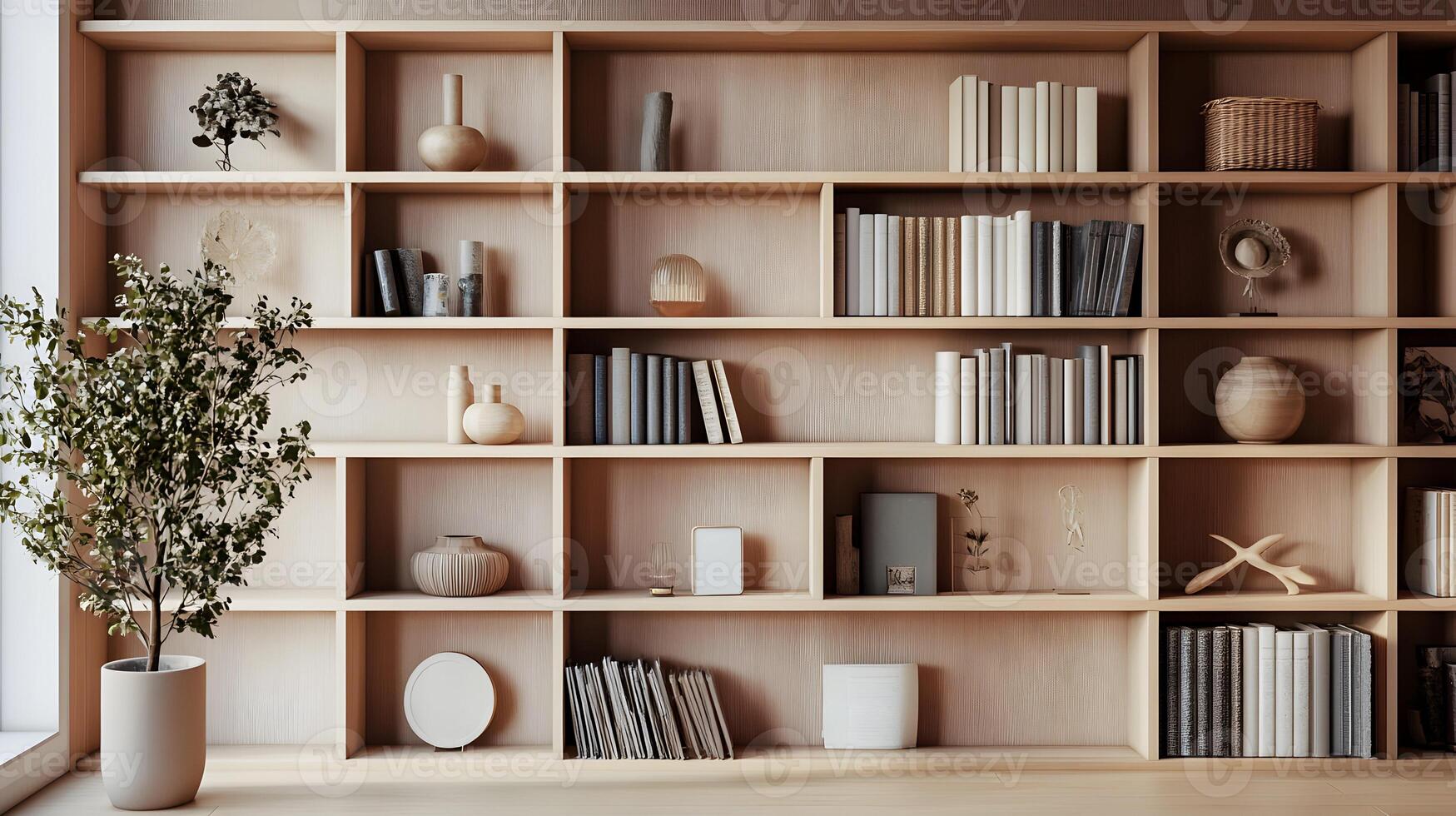 Elegant wooden bookcase with minimalist decor and lush potted plant against neutral backdrop photo