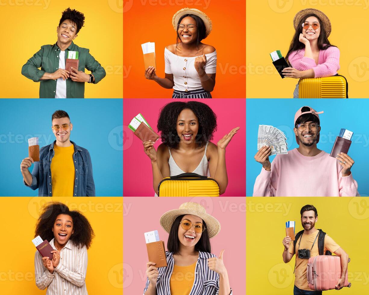A vibrant collage of enthusiastic travelers holding their travel documents and posing with smiles. Each person showcases joy and anticipation for their upcoming trips, embodying a spirit of adventure. photo