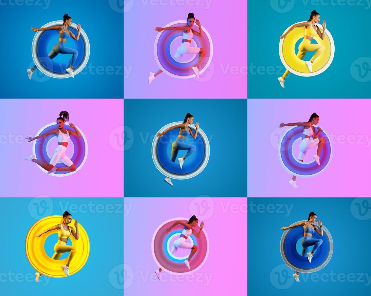A vibrant collage of millennials energetically participating in various workouts. Each figure exhibits athleticism, showcasing a healthy lifestyle against colorful backgrounds, emphasizing fitness. photo
