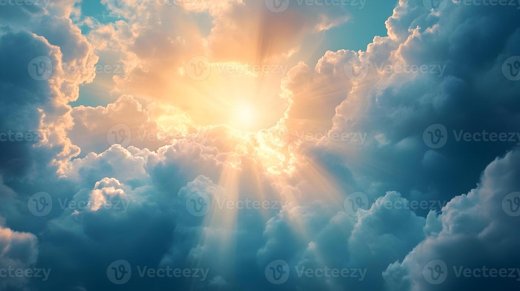 Radiant sunlight bursts through voluminous clouds, creating a celestial atmosphere scene photo