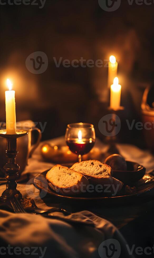 Warm ambiance captures candlelight dinner with rustic bread and vibrant red wine reflection photo