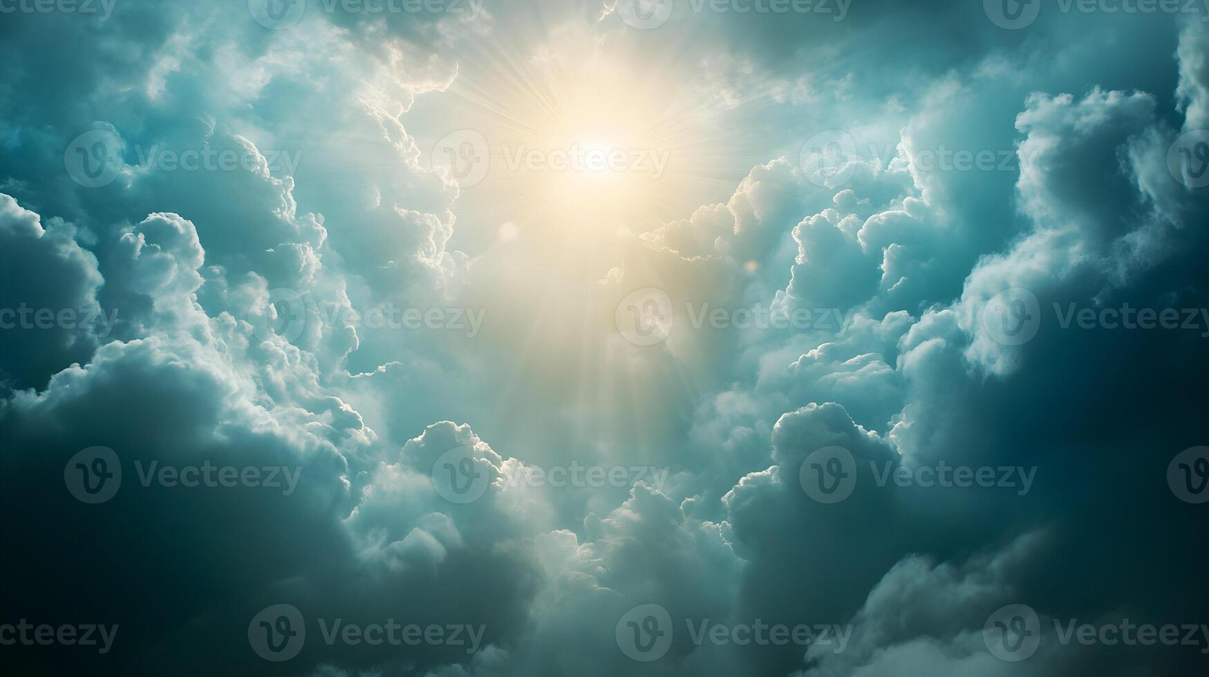 Radiant sun flares through fluffy cumulus clouds, illuminating a peaceful celestial expanse photo
