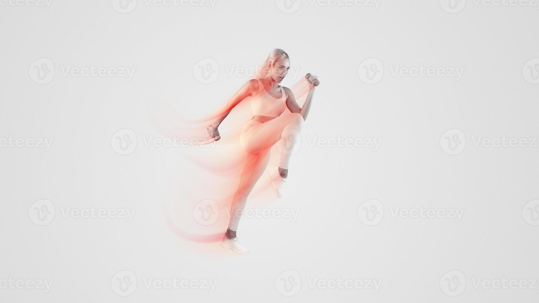 Determined Fit Lady Jumping Doing High Knee To Elbow Exercise Holding Dumbbells During Cardio Workout Over Blue Studio Background. Bodyshaping Concept. Panoramic Full Body Length Shot, Free Copy Space photo