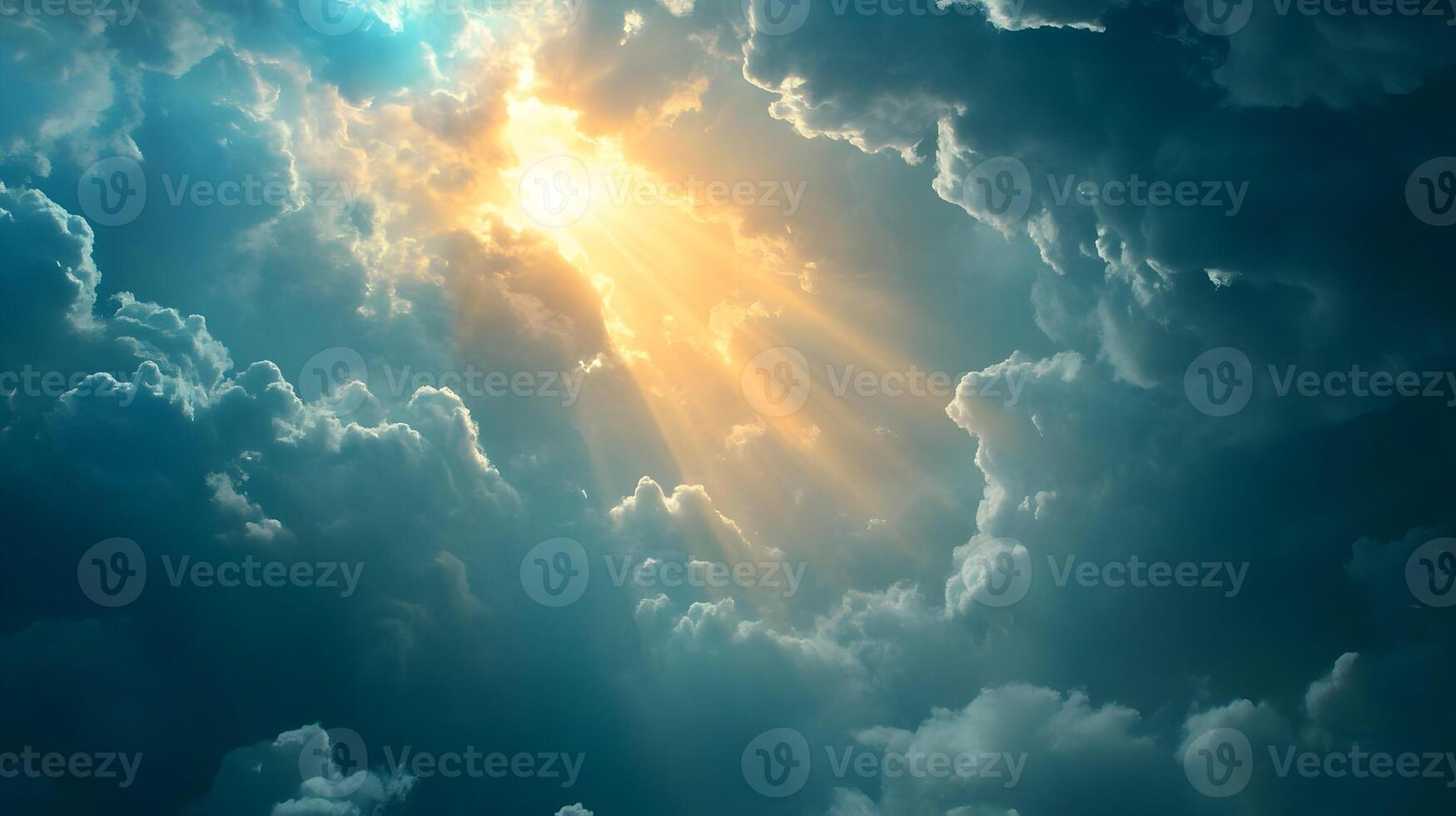 Magnificent Sunbeams Radiating Through an Ethereal Cloudy Celestial Sky, Inspiring Awe photo
