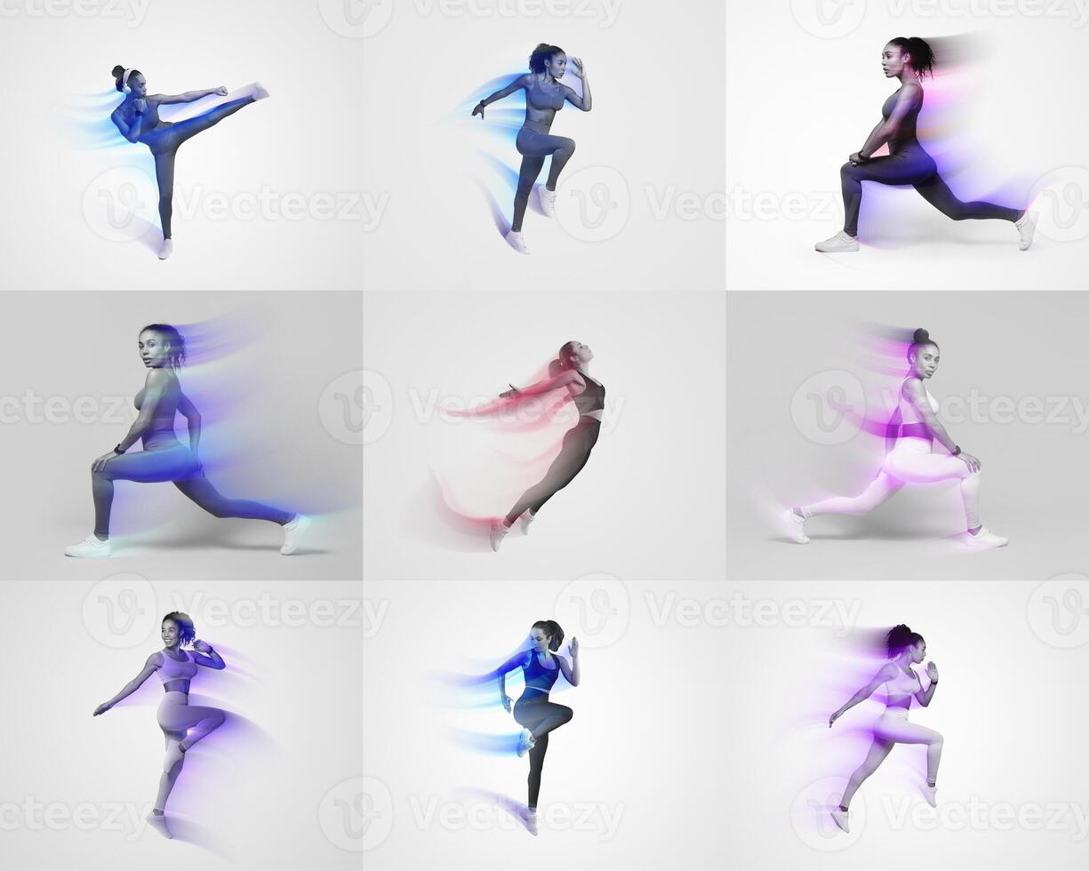 This collage highlights various athletic activities performed by individuals, showcasing movement and energy. The focus is on fitness, healthy lifestyles, and the millennial culture of working out. photo