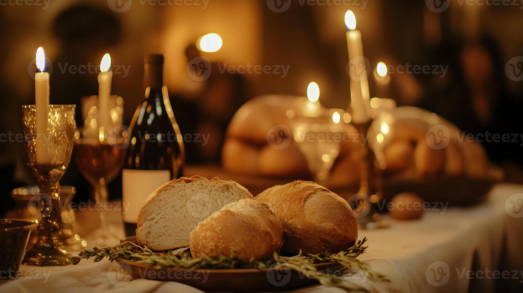 Elegant Dinner Table Setup with Rustic Bread, Wine, and Candlelight for a Festive Occasion photo