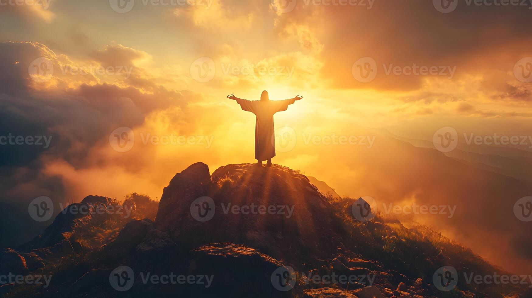 Majestic silhouette stands against blazing sunset casting spiritual aura on mountain peak photo
