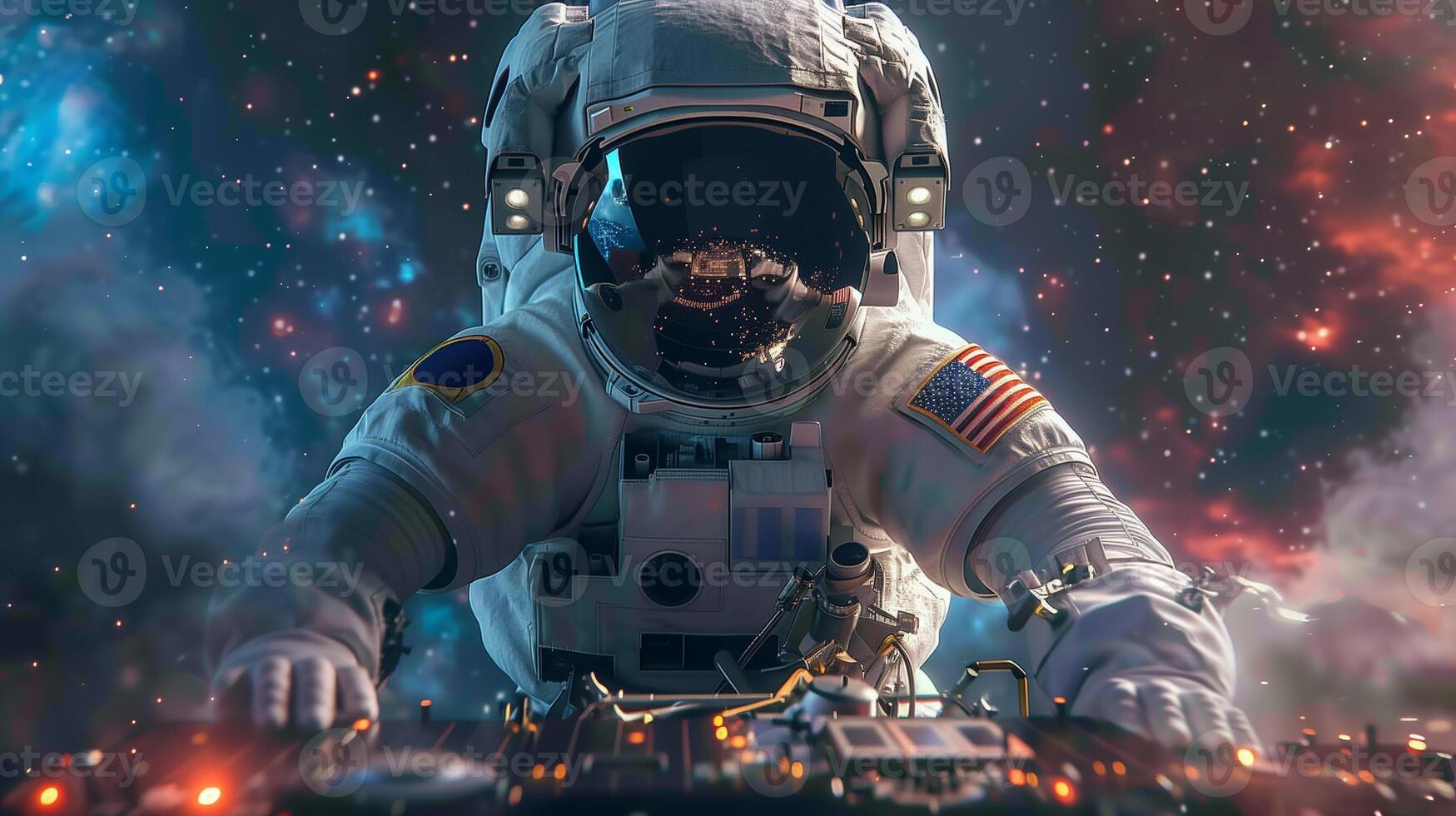 This Astronauts interact with cutting-edge tech in a lively space, highlighting future tourism. DJ photo