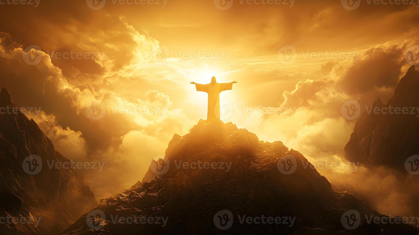 Monumental statue silhouetted against the golden sky with mountain peak, creating a powerful scene photo