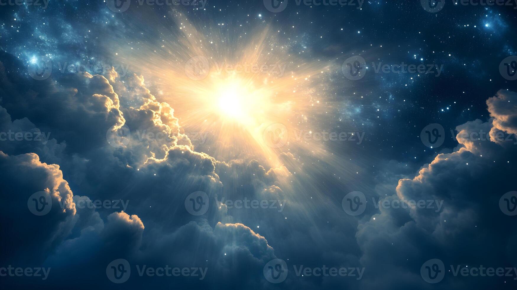 Radiant celestial sky with starfield shining through billowy clouds, creating a magical sight photo