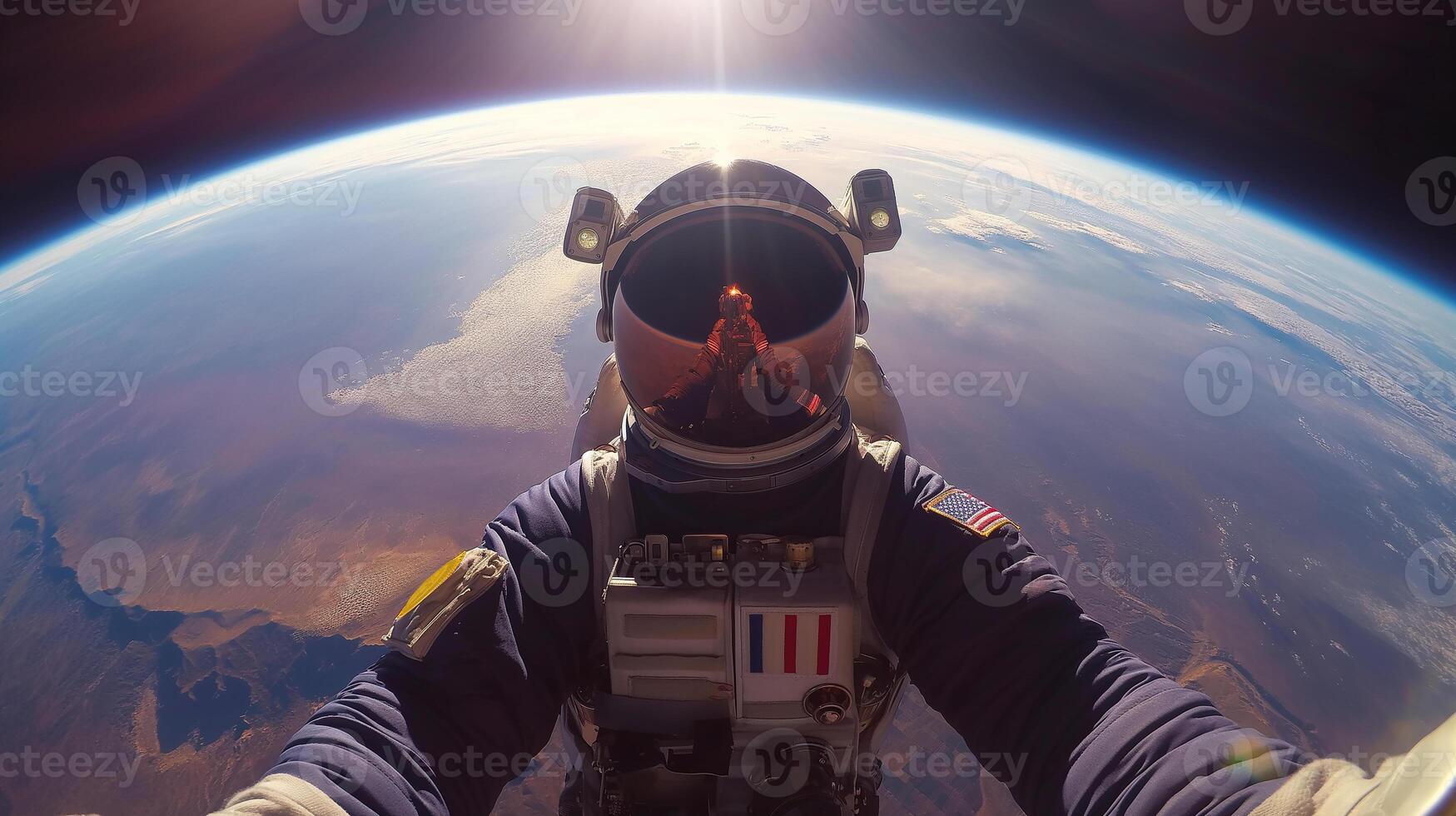 This passenger in a spacesuit enjoys the breathtaking view of Earth from a suborbital spaceflight. photo