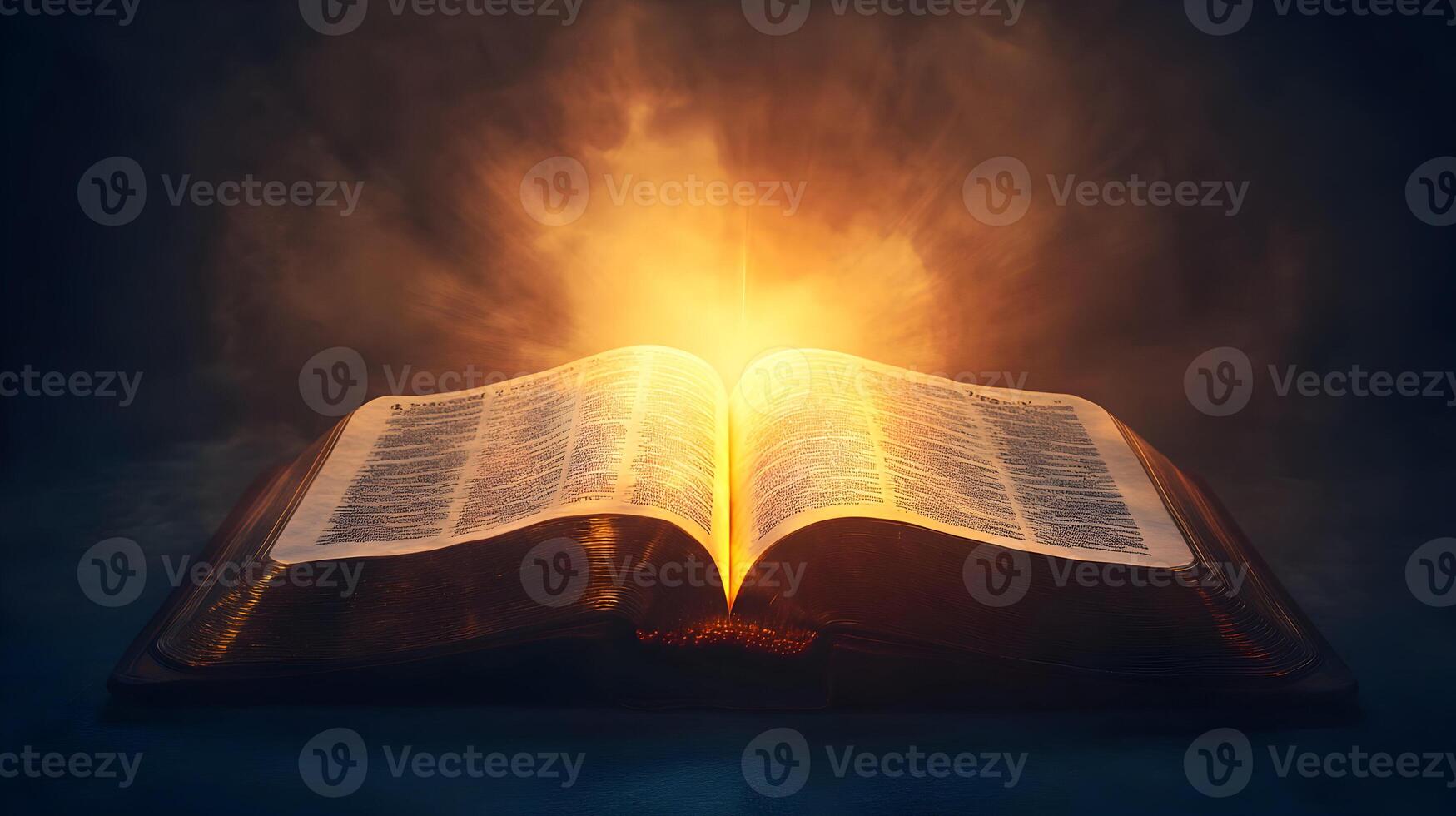 An open book with light glowing illuminating the pages, creating spiritual significance photo