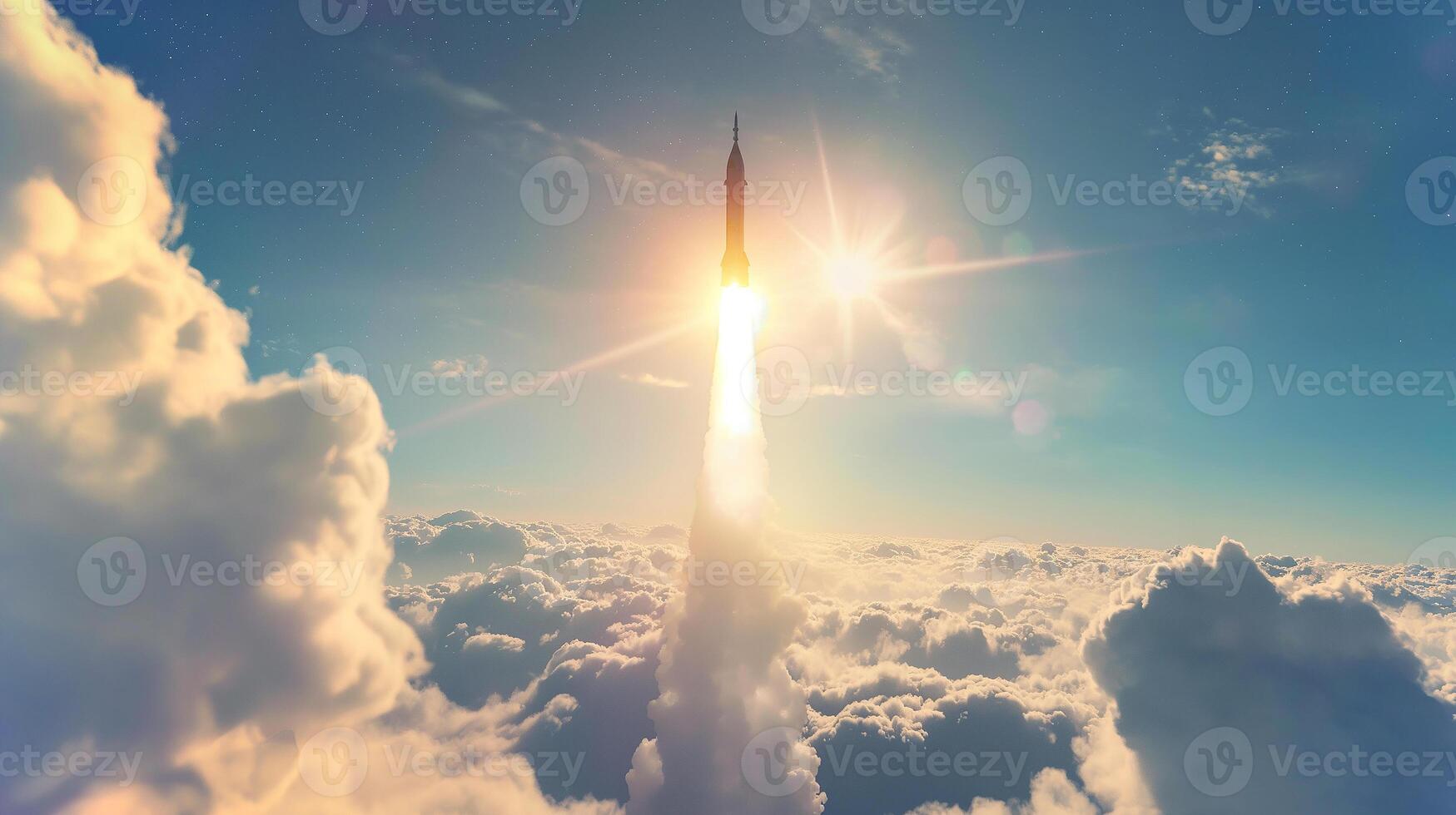 This rocket launches into the sky, leaving a trail of smoke as it ascends through clouds towards space. photo