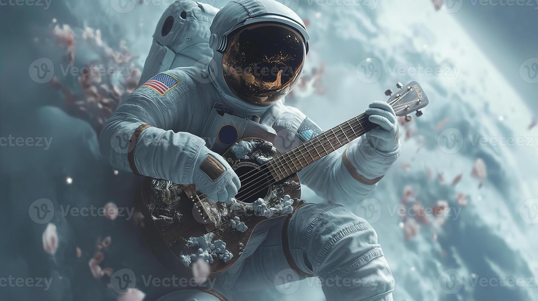 This astronaut strums a guitar among floating petals and stars, enjoying tranquility in space. photo