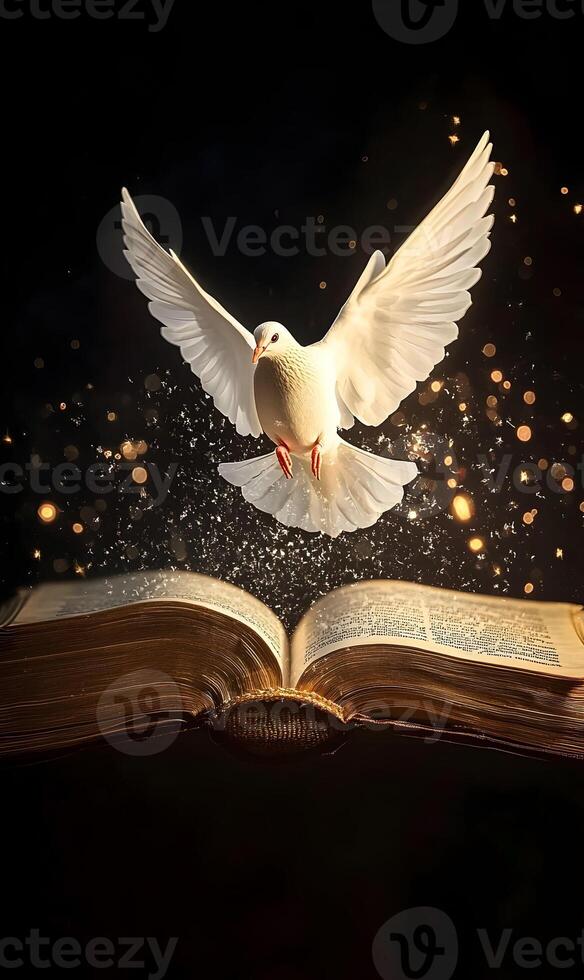 Symbolism of hope and knowledge a dove flying from an ancient book emitting gold sparkle photo