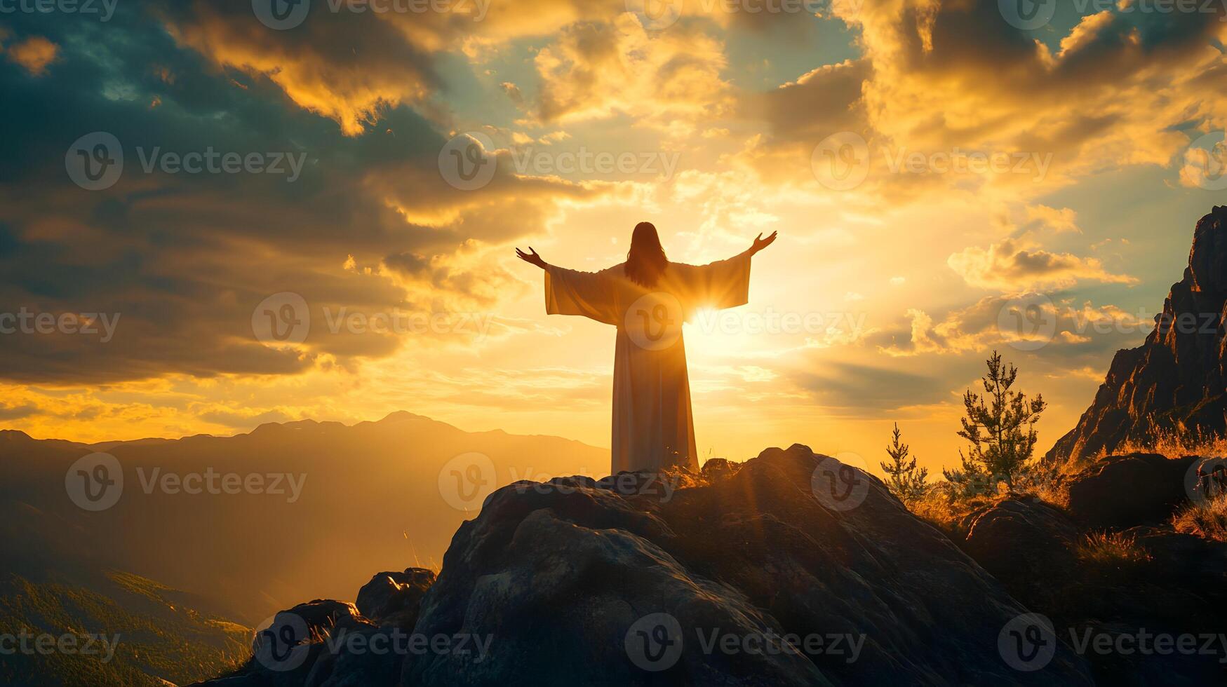Divine Presence Ascending Mountain Peak at Sunset casting a luminous ethereal glow photo
