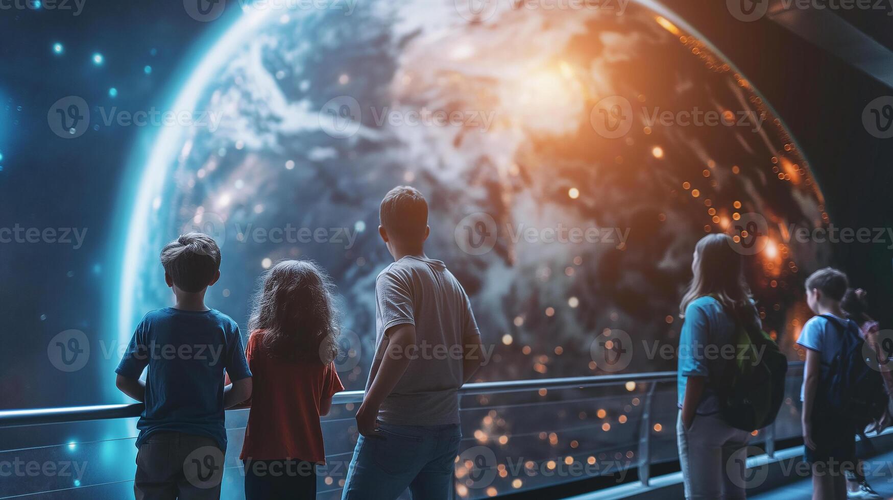 This group enjoys breathtaking Earth views from a futuristic hotel during suborbital travel. photo