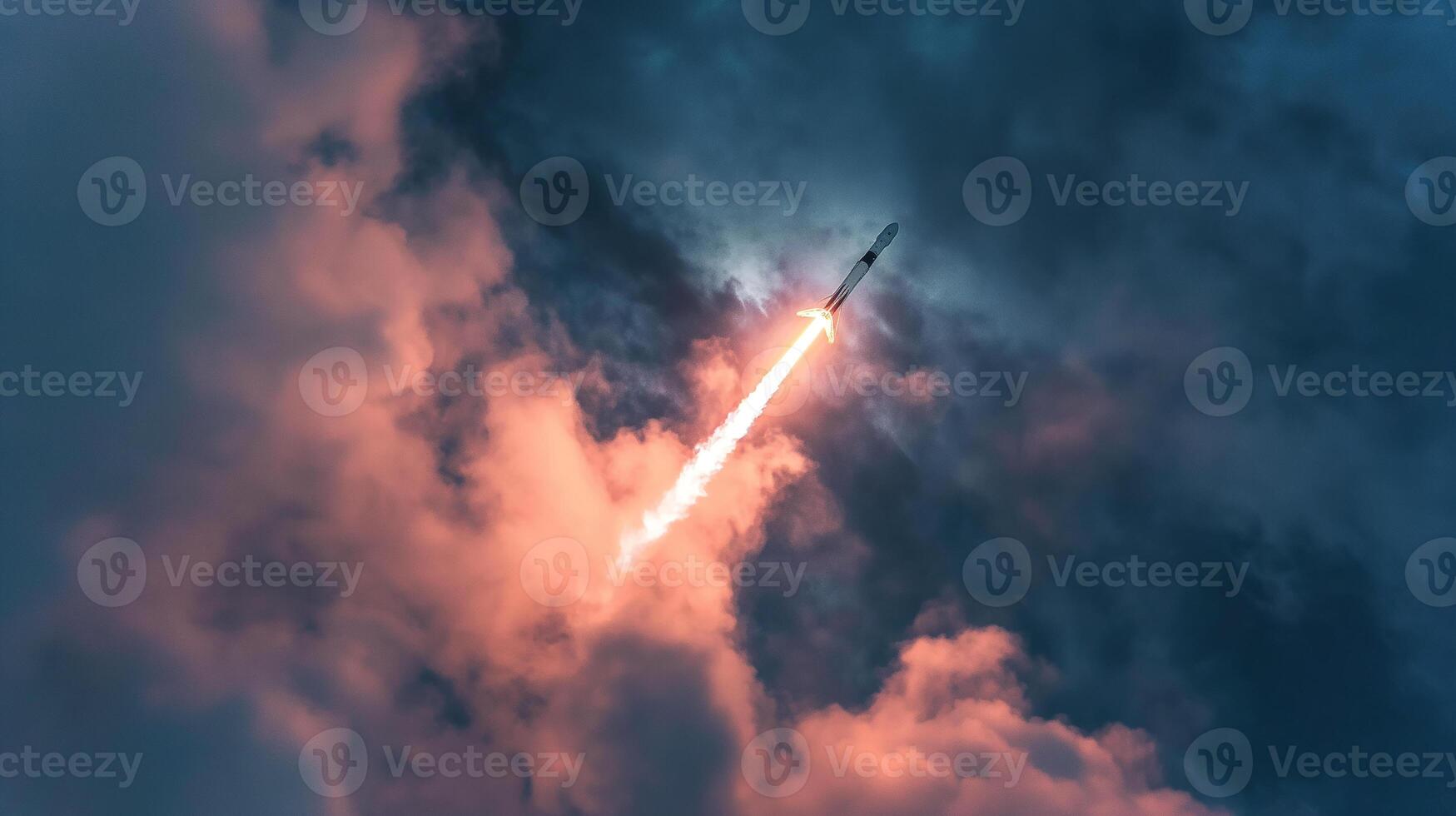 This rocket ascends through clouds, igniting excitement for future space tourism ventures. photo