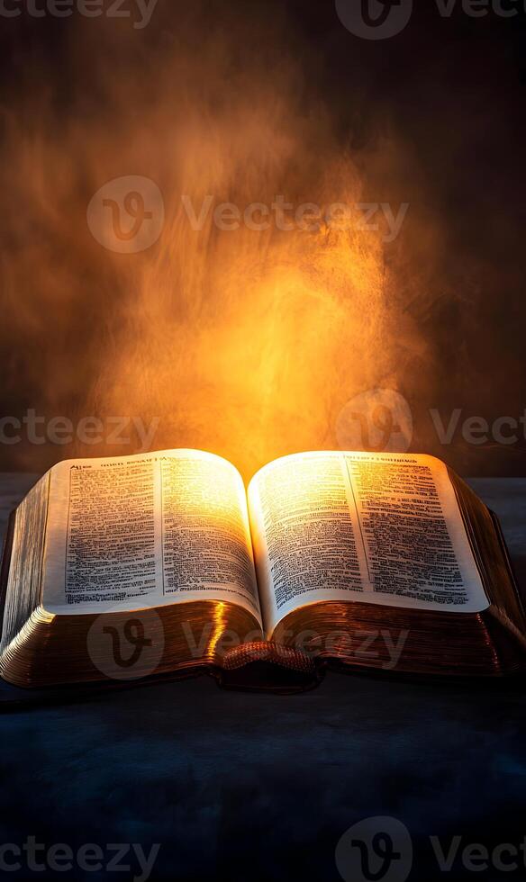 Illuminated Scripture A Timeless Depiction of Open Book bathed in a Warm Glow photo