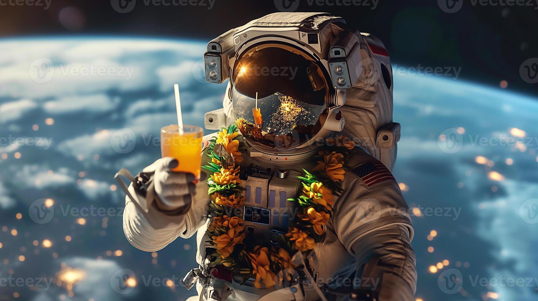 This astronaut in a space suit toasts with a drink while floating in zero gravity near Earth. photo