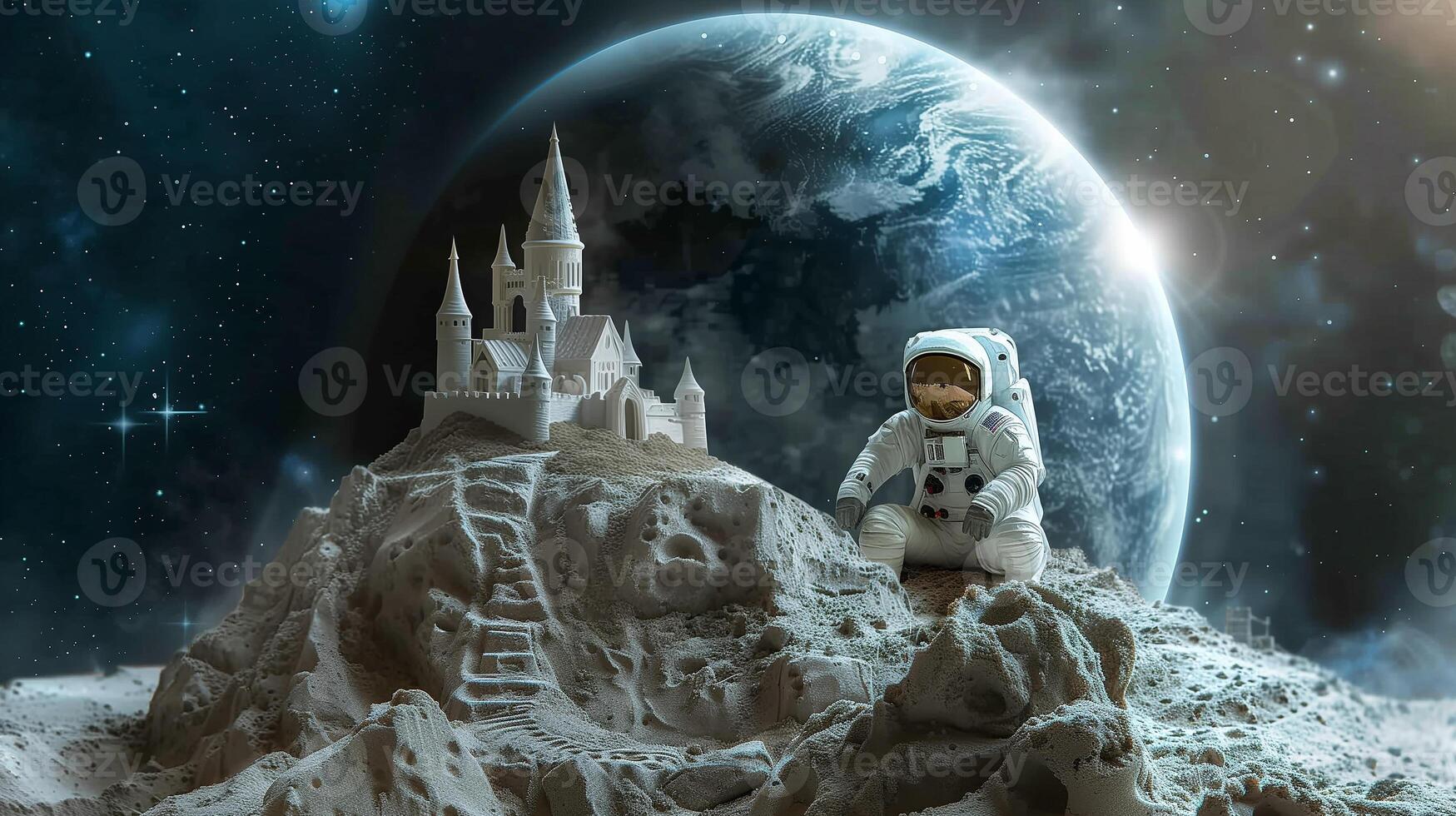 This Explore an imaginative moon landscape featuring an astronaut and a castle, showcasing space tourism. photo