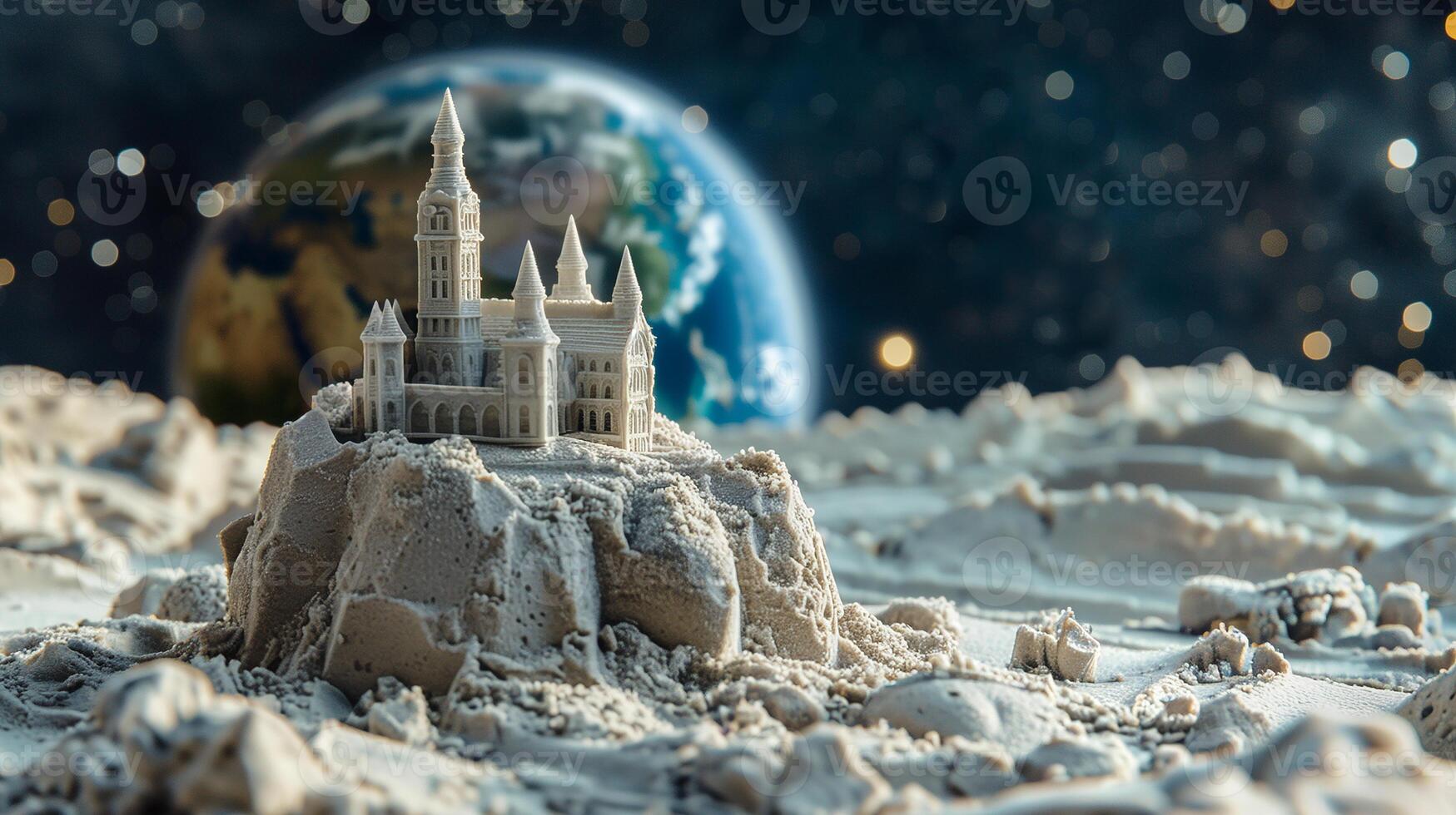 This unique sandcastle stands on a lunar surface, surrounded by a starry sky and distant Earth. photo