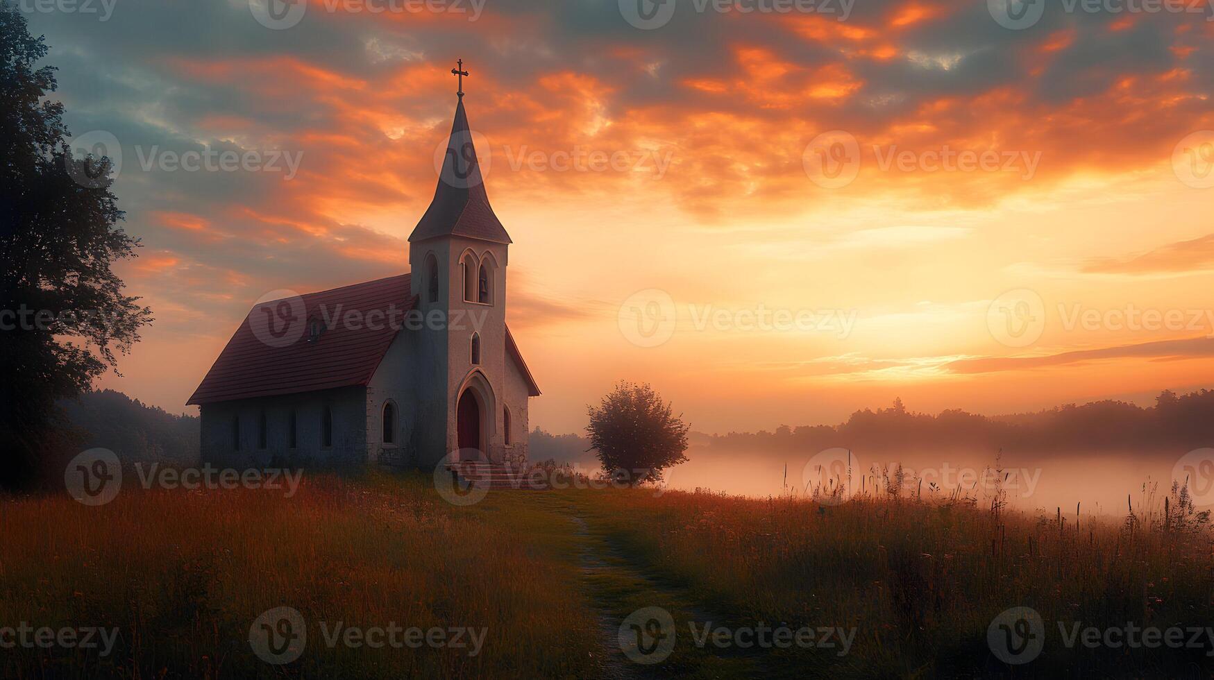 Tranquil church at sunset amidst a field, radiating faith and serenity during twilight photo