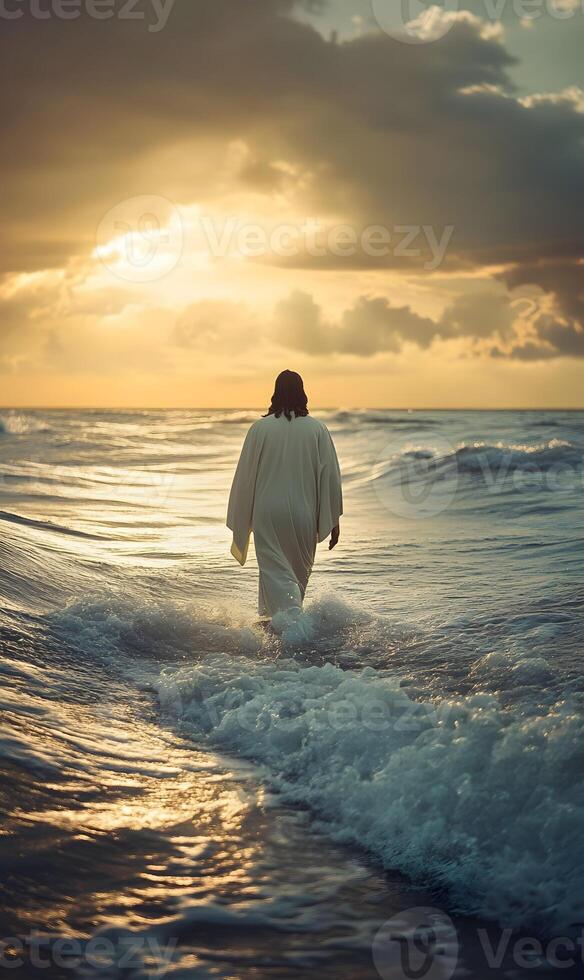A Person Walks into the Ocean at Sunrise Seeking Hope and New Beginnings with Faith photo