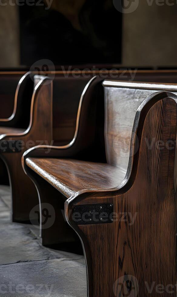 Inviting rustic wooden church pews bathed in soft light creating a serene atmosphere photo