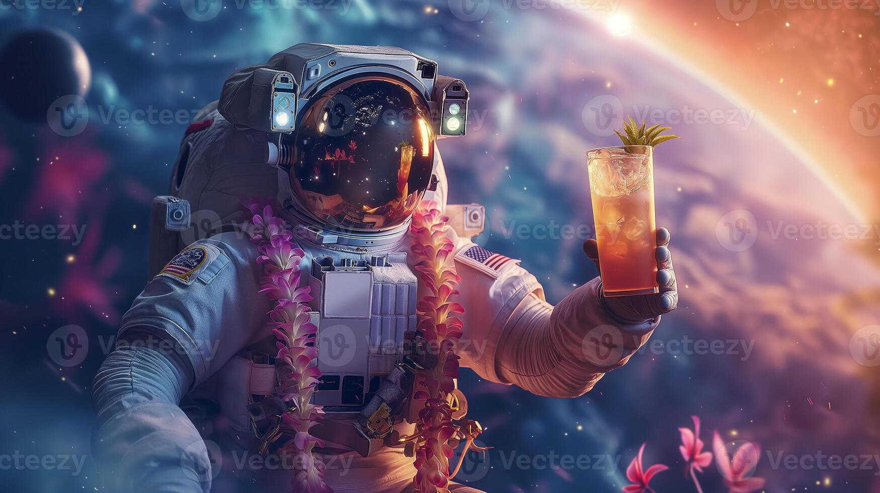 This astronaut sips a tropical drink among the stars, highlighting the joy of space travel. photo