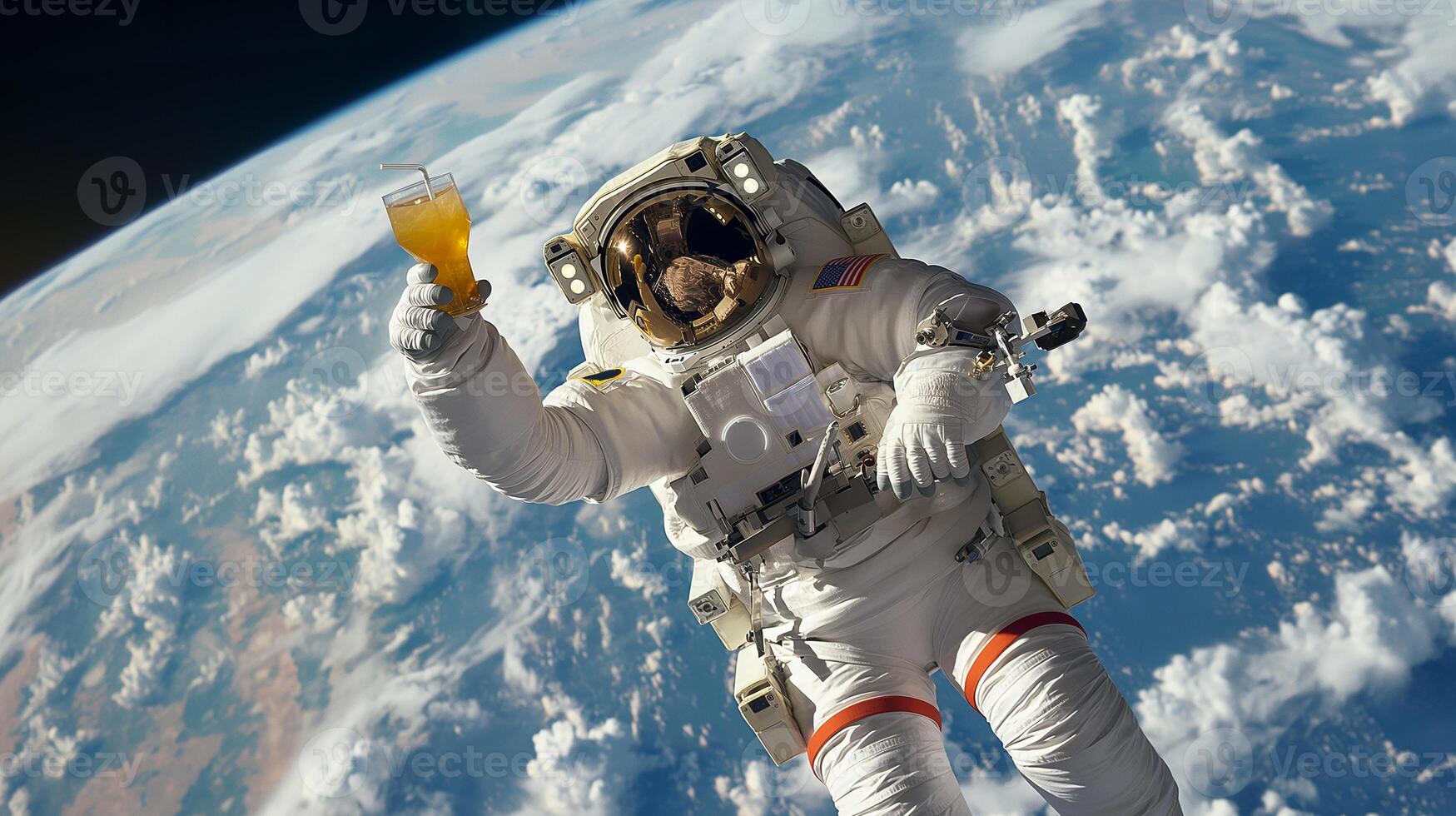 This astronaut raises a drink while floating in zero gravity during a suborbital spaceflight. photo