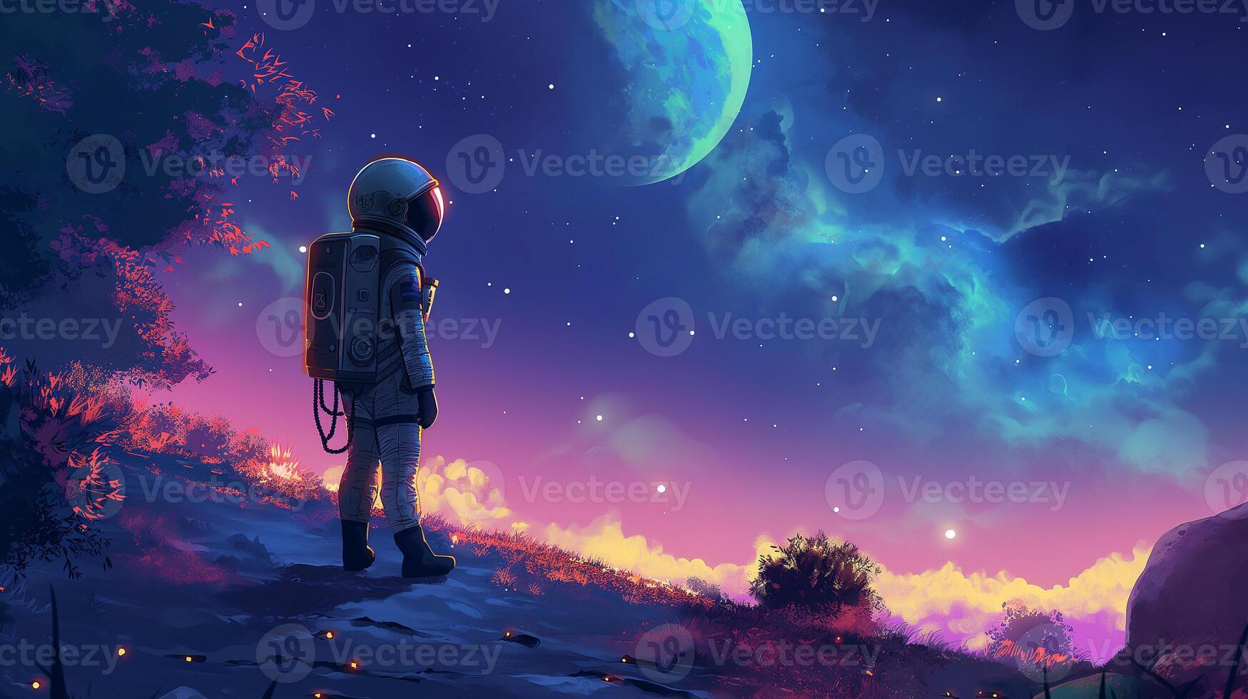 This astronaut gazes at a vibrant cosmic view of stars and a distant moon. photo