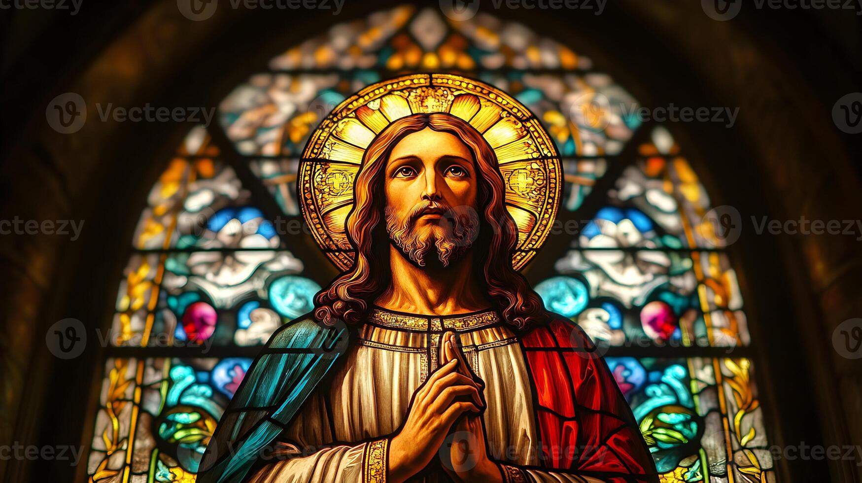 Majestic stained glass featuring figure with hands clasped in thoughtful contemplation photo