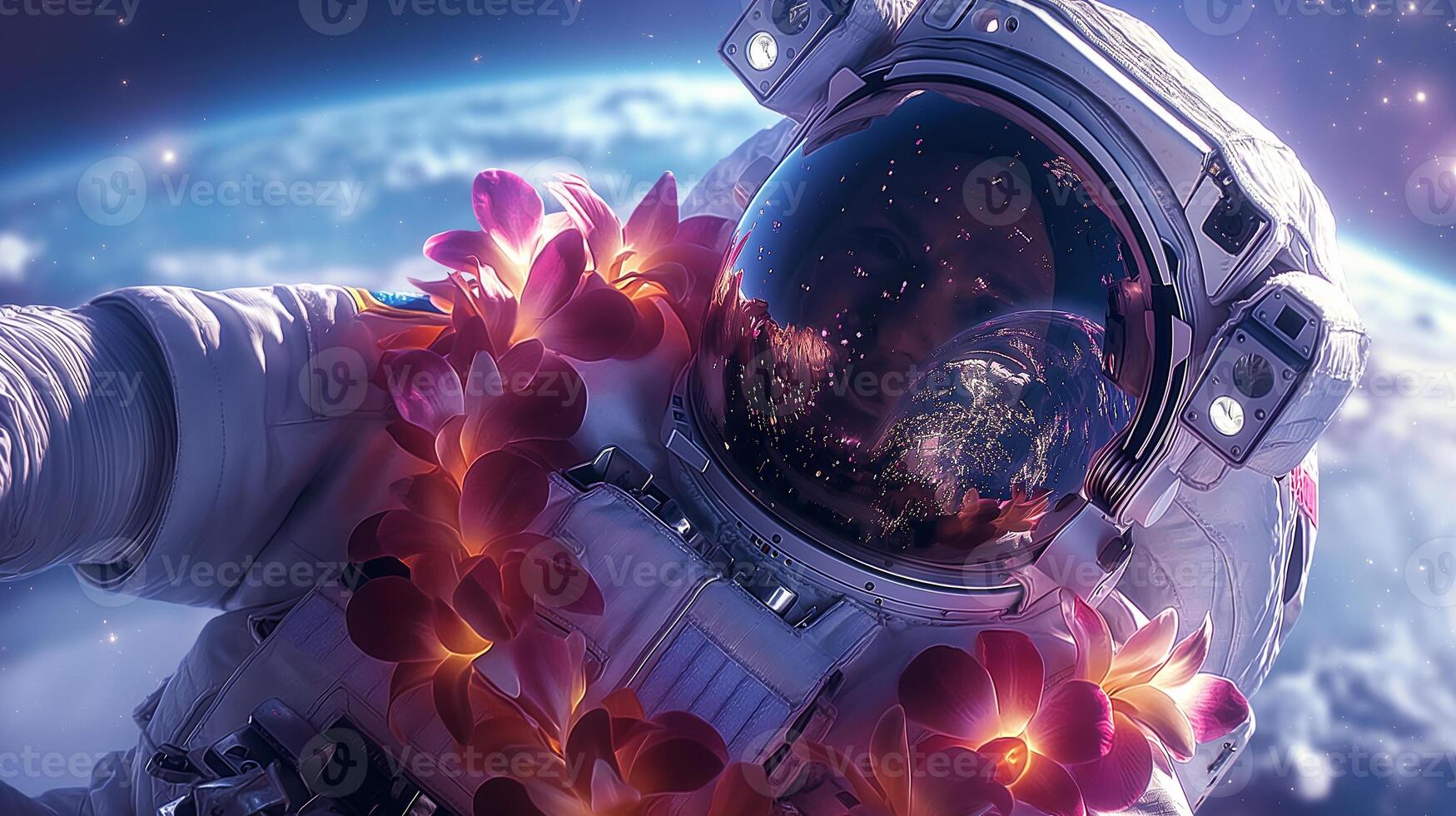 This astronaut adorned with flowers floats in zero gravity, gazing at Earth from space. photo