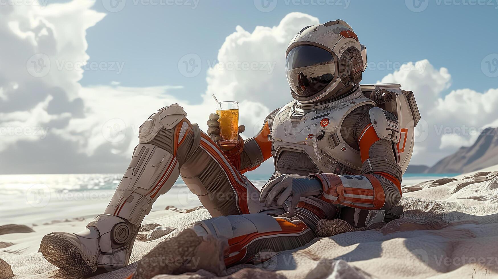 This astronaut sits on a sandy beach, sipping a drink under a bright sky with clouds. photo