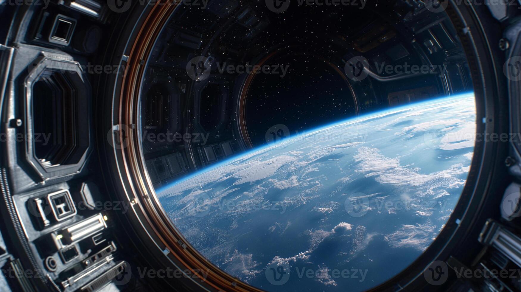 This Passengers enjoy zero-gravity moments while gazing at Earth from a space tourism hotel. photo